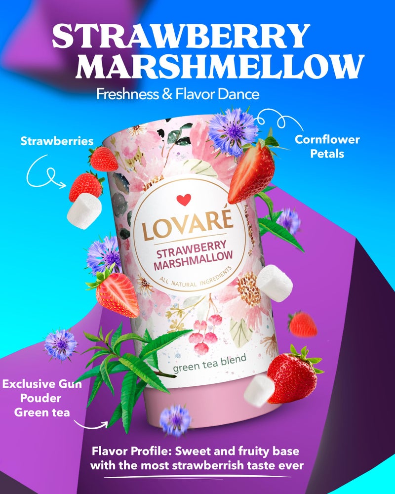 LOVARE Strawberry Marshmallow Loose Leaf Tea 80 g - Made in Ukraine - Green Tea, Strawberry, Cornflower Petals - Gift Box with 15 Paper Filters - Image 2